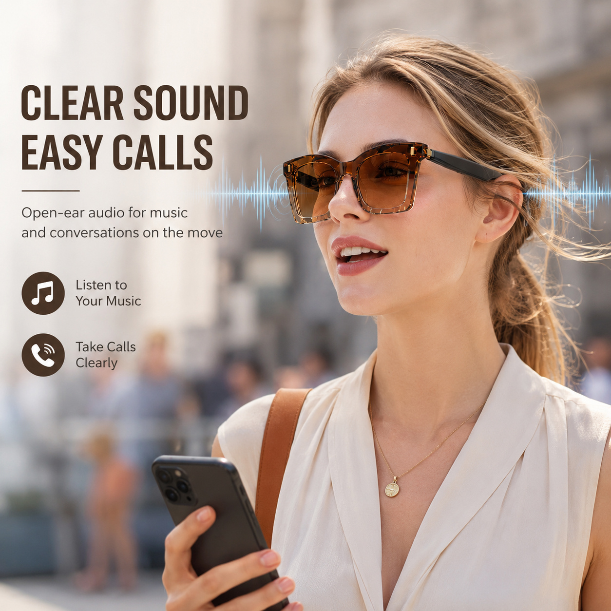 Women's cat-eye audio smart glasses worn in everyday settings